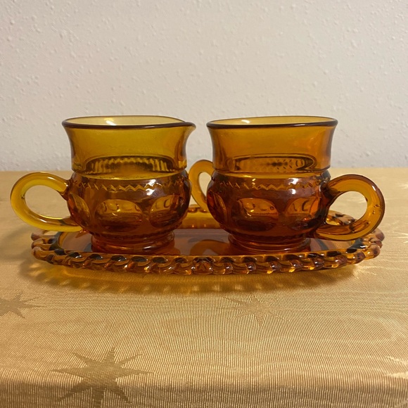 Vintage Indiana Glass Amber Kings Thumbprint Sugar and Creamer Set With Tray - Picture 1 of 13